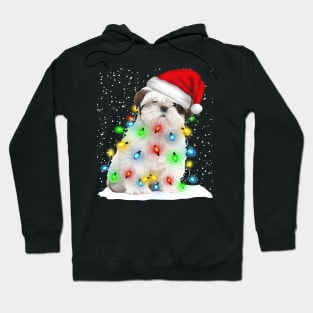 White Shih Tzu Christmas Santa Hat Xmas Tree Color Lights Hoodie